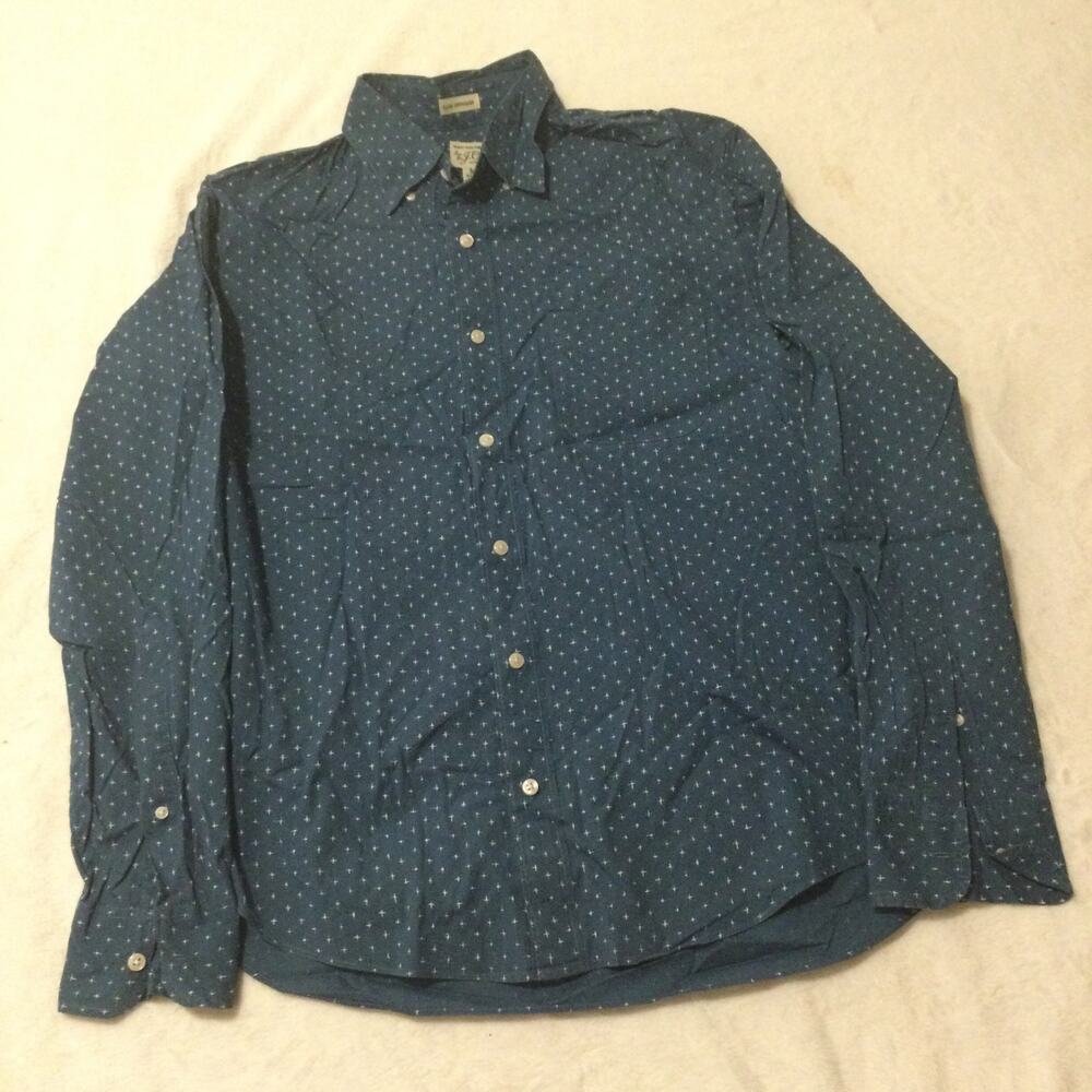 J. Crew Slim Stretch Secret Wash Blue Crosshatch Print Casual Dress Shirt Sage M